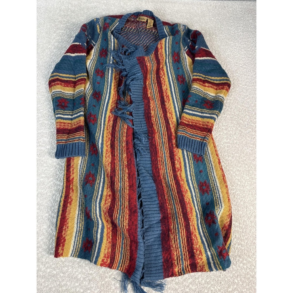 Wrangler Cardigan Sweater Womens S Multicolor Acrylic Open‎ Front Fringe Aztec